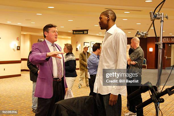 Reporter Craig Sager talks with Kevin Durant of the Oklahoma City Thunder during NBA All-Star Media Availability as part of the 2010 NBA All-Star...