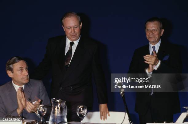 Daniel Hoeffel, Jean-Claude Gaudin et Jean Lecanuet lors des journées parlementaires de l'UDF à Nice le 22 septembre 1987, France.