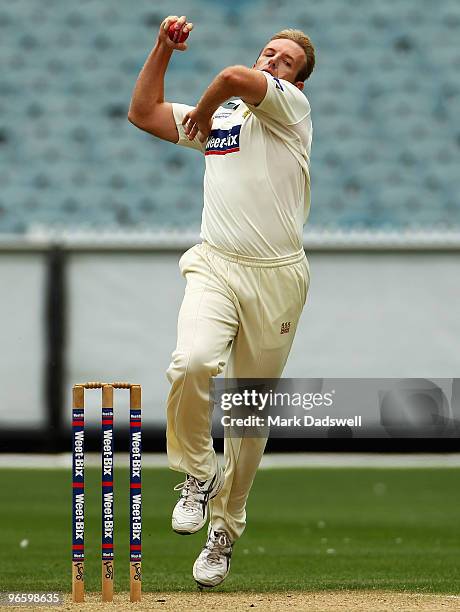 Damien Wright of the Bushrangers bowls during day one of the Sheffield Shield match between the Victorian Bushrangers and the New South Wales Blues...