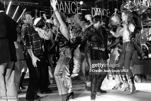 Le groupe 'Village People' participe à la soirée organisé au TNP par Jean Yanne pendant le tournage de son film en octobre 1978 à Paris, France.