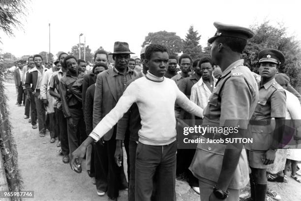 File d'attente pour le premier jour de vote dans un bureau de vote réservé aux noirs lors des élections générales le 29 février 1980 dans le quartier...