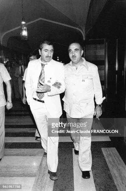 Georges Habache et Nayef Hawatmeh, lors de la Conférence du Refus des accords de Camp David e 20 septembre 1978 à l'hôtel Sheraton de Damas, Syrie.