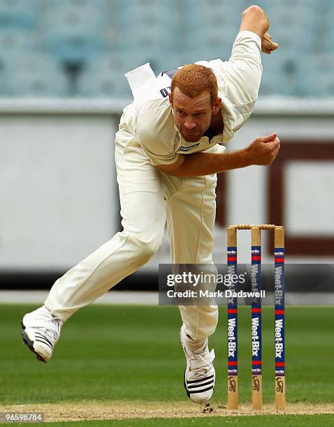 Andrew McDonald of the Bushrangers bowls during day one of the Sheffield Shield match between the Victorian Bushrangers and the New South Wales Blues...