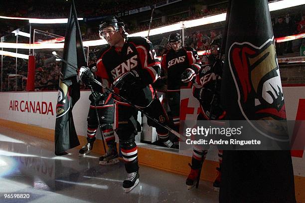 Playing in his 600th career NHL game, Mike Fisher of the Ottawa Senators steps onto the ice during player introductions prior to a game against the...