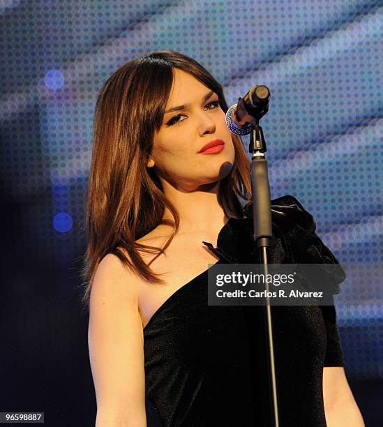 Spanish singer Sara Vega performs on stage during the ''Cadena Dial'' 2010 awards at the Tenerife Auditorium on February 11, 2010 in Tenerife, Spain.