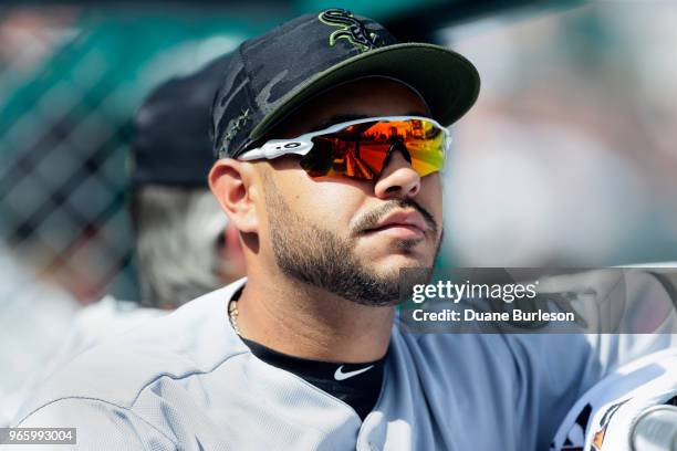 Omar Narvaez of the Chicago White Sox in the dugout during a game against the Detroit Tigers at Comerica Park on May 26, 2018 in Detroit, Michigan.