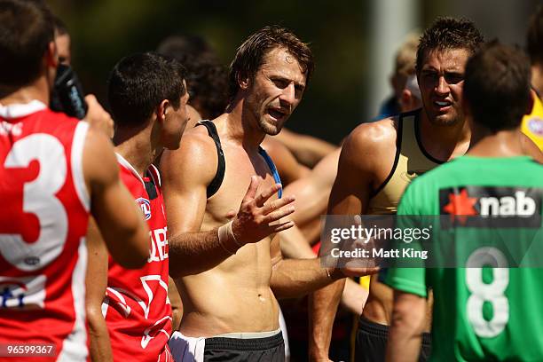 Nick Malceski of the Swans speaks to an umpire after a Sydney Swans intra-club AFL match at Lakeside Oval on February 12, 2010 in Sydney, Australia.