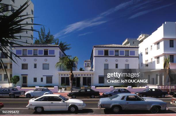 Vue d'Ocean Drive à Miami Beach, le 15 décembre 1989, en Floride, Etats-Unis.