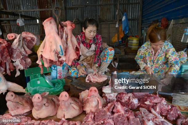 Cambodge, Siam Reap, marché principale, vente de viande//Cambodia, Siam Reap, main market, selling meat.