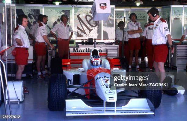Mika Häkkinen, pilote automobile finlandais double champion du monde de Formule 1, ici pendant le warm-up, dans le cadre du Grand-Prix du Brésil à...