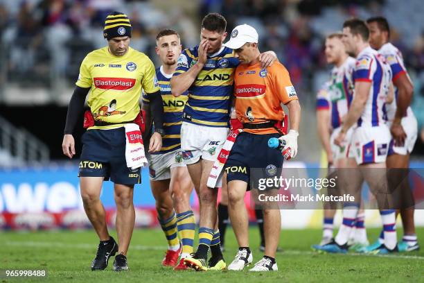 Mitchell Moses of the Eels walks from the field injured during the round 13 NRL match between the Parramatta Eels and the Newcastle Knights at ANZ...