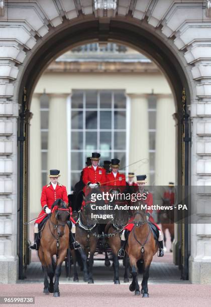 Carriages depart Buckingham Palace as they take part in the Colonel's Review, the final rehearsal for Trooping the Colour, the Queen's annual...
