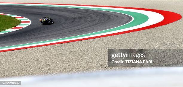 Italian Movistar Yamaha rider Valentino Rossi competes during the free practice of the Moto GP of the Italian Grand Prix at the Mugello Circuit on...