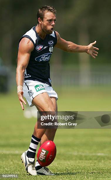 David Wojcinski kicks the ball during a Geelong Cats intra-club AFL match at Gipps Road Park on February 12, 2010 in Sydney, Australia.