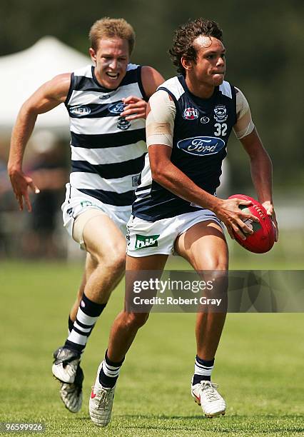 Steven Motlop of Geelong runs with the ball during a Geelong Cats intra-club AFL match at Gipps Road Park on February 12, 2010 in Sydney, Australia.