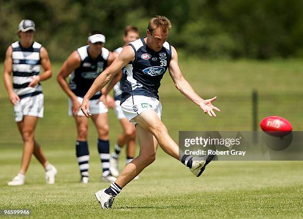 Darren Milburn kicks the ball during a Geelong Cats intra-club AFL match at Gipps Road Park on February 12, 2010 in Sydney, Australia.