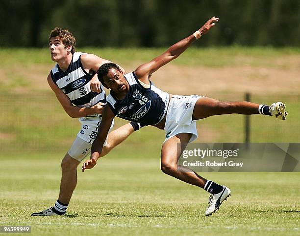 Adam Varcoe of Geelong is tackled during a Geelong Cats intra-club AFL match at Gipps Road Park on February 12, 2010 in Sydney, Australia.