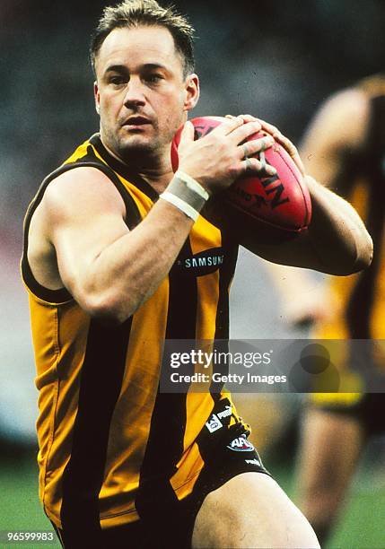 Anthony Rock of the Hawks runs the ball during the round 21 AFL match between the Adelaide Crows and the Hawthorn Hawks at the MCG on July 29, 2000...