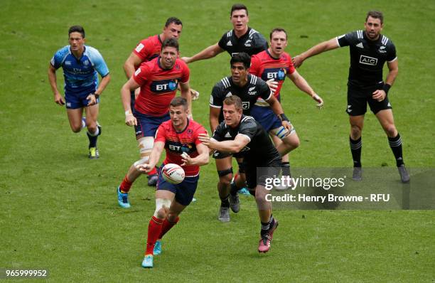 Scott Curry of New Zealand and Nick McLennan of Scotland during the Pool A match during the HSBC London Sevens at Twickenham Stadium on June 2, 2018...