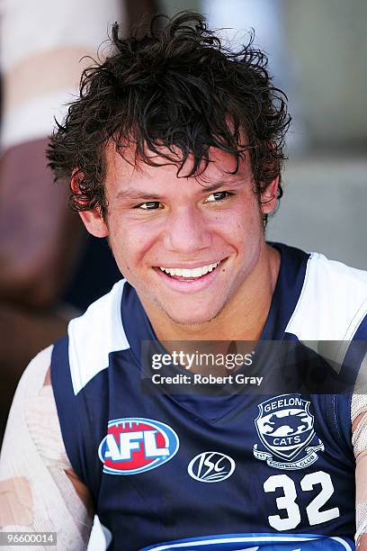 Steven Motlop of Geelong sits on the bench during a Geelong Cats intra-club AFL match at Gipps Road Park on February 12, 2010 in Sydney, Australia.