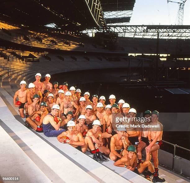 The essendon Bombers pose on the steps of Colonial Stadium, at the Docklands, Melbourne.