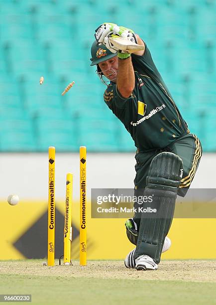 Ricky Ponting of Australia is bowled by Darren Sammy of the West Indies during the Third One Day International match between Australia and the West...