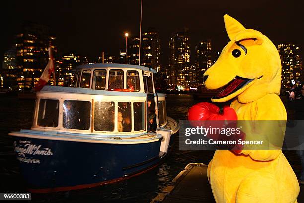 The boxing kangaroo watches as the Australian athletes arrive by a water taxi ahead of the Vancouver 2010 Winter Olympics on February 11, 2010 in...
