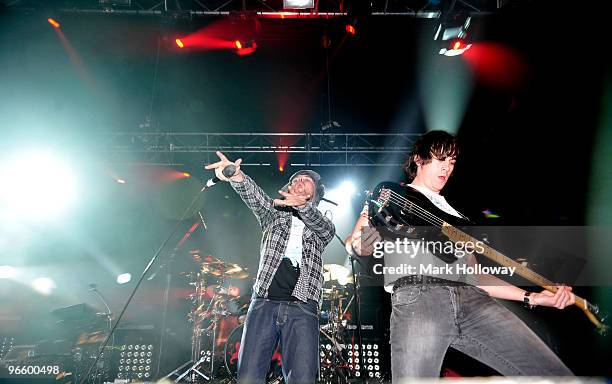 Roughton "Rou" Reynolds and Chris "Battenberg" Batten of Enter Shikari perform on stage at O2 Academy on February 11, 2010 in Bournemouth, England.