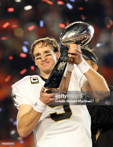 Quarterback Drew Brees of the New Orleans Saints celebrates after his team defeated the Indianapolis Colts during Super Bowl XLIV on February 7, 2010...