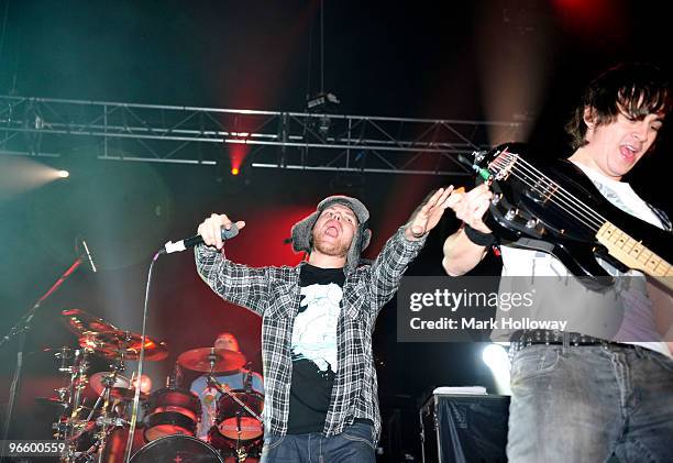 Roughton "Rou" Reynolds and Chris "Battenberg" Batten of Enter Shikari perform on stage at O2 Academy on February 11, 2010 in Bournemouth, England.