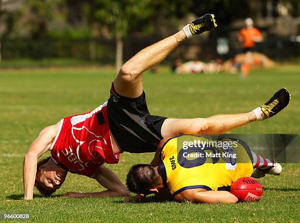 Gary Rohan and Taylor Gilchrist of the Swans collide during a Sydney Swans intra-club AFL match at Lakeside Oval on February 12, 2010 in Sydney,...