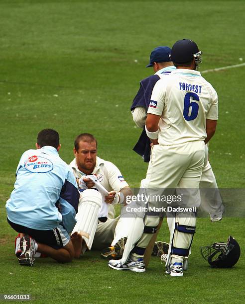 Phil Jaques of the Blues receives treatment to his foot after being struck by a yorker during day one of the Sheffield Shield match between the...