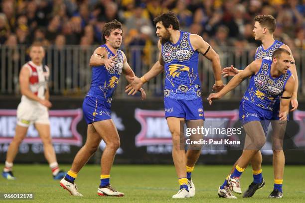 Josh Kennedy of the Eagles celebrates a goal during the round 11 AFL match between the West Coast Eagles and the St Kilda Saints at Optus Stadium on...