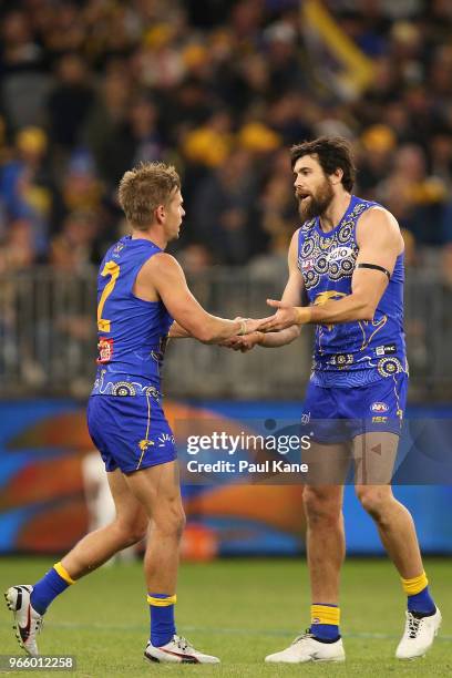 Josh Kennedy and Mark LeCras of the Eagles celebrates a goal during the round 11 AFL match between the West Coast Eagles and the St Kilda Saints at...