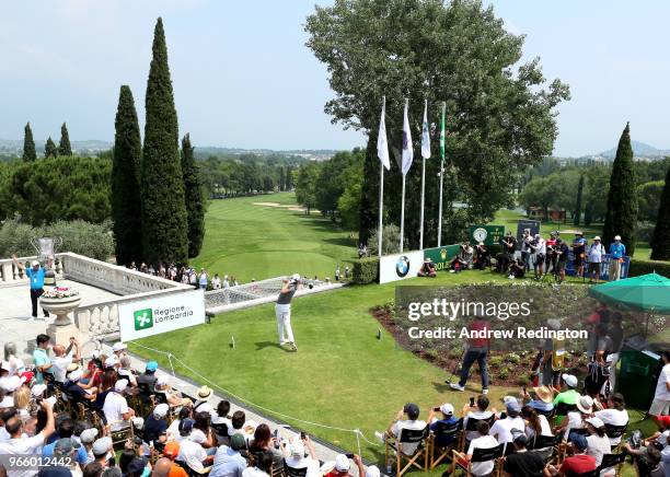 Thomas Pieters of Belgium tees off on the 1st hole during day three of the Italian Open on June 2, 2018 in Brescia, Italy.