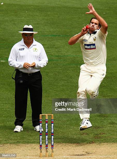 John Hastings of the Bushrangers bowls during day one of the Sheffield Shield match between the Victorian Bushrangers and the New South Wales Blues...