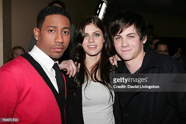 Actors Brandon T. Jackson, Alexandra Daddario and Logan Lerman attend a fan meet and greet for "Percy Jackson & the Olympians: The Lightning Thief"...