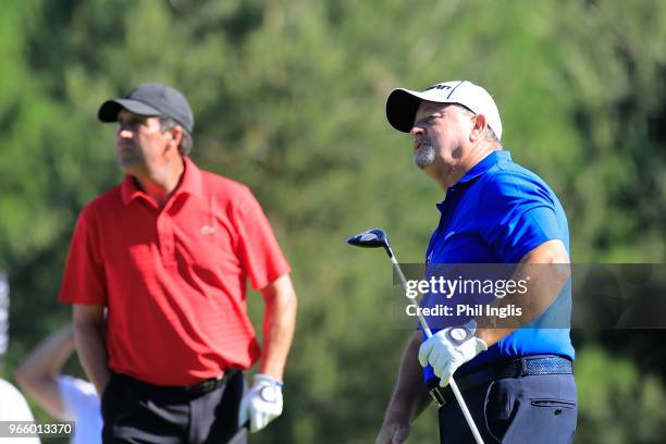 Ian Woosnam of Wales watched by Jose Maria Olazabal of Spain in action during Day Two of The Shipco Masters Promoted by Simons Golf Club at Simon's...