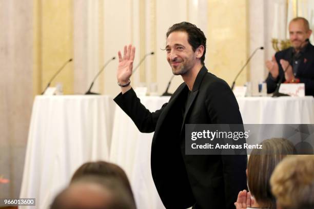 Adrien Brody arrives at the Life Ball 2018 international press conference at Albertina on June 2, 2018 in Vienna, Austria. The Life Ball, an annual...