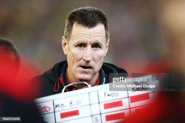 Bombers head coach John Worsfold walks off at at three quarter time during the round 11 AFL match between the Essendon Bombers and the Richmond...