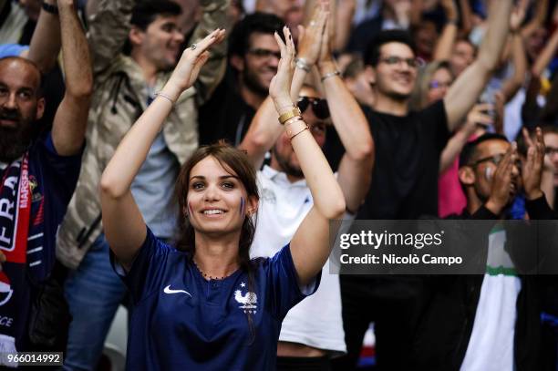 Fans of France show their support during the International Friendly football match between France and Italy. France won 3-1 over Italy.