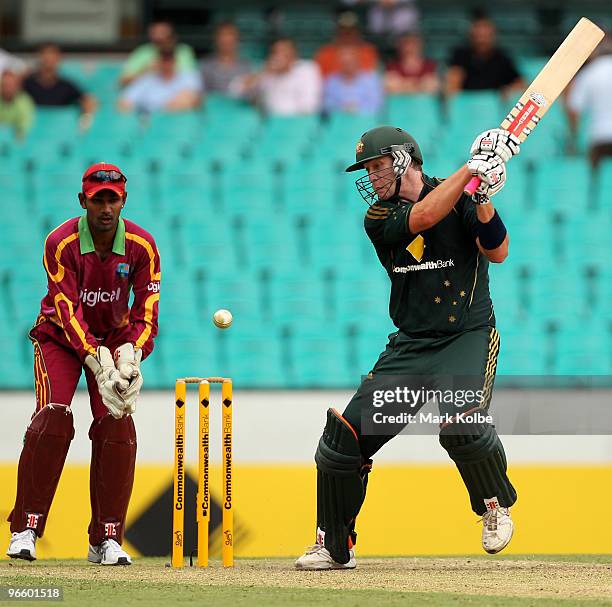 Cameron White of Australia attempts to cut during the Third One Day International match between Australia and the West Indies at Sydney Cricket...