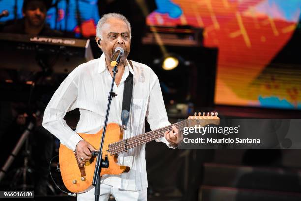 Jun 1: Gilberto Gil performs live on stage at Allianz Parque Hall on June 1, 2018 in Sao Paulo, Brazil.