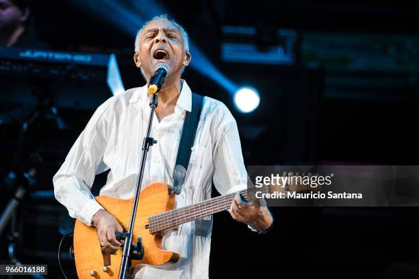 Jun 1: Gilberto Gil performs live on stage at Allianz Parque Hall on June 1, 2018 in Sao Paulo, Brazil.