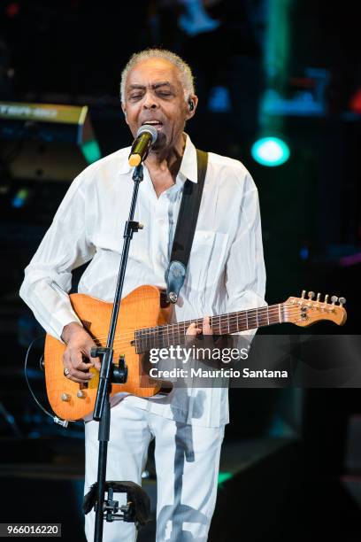 Jun 1: Gilberto Gil performs live on stage at Allianz Parque Hall on June 1, 2018 in Sao Paulo, Brazil.