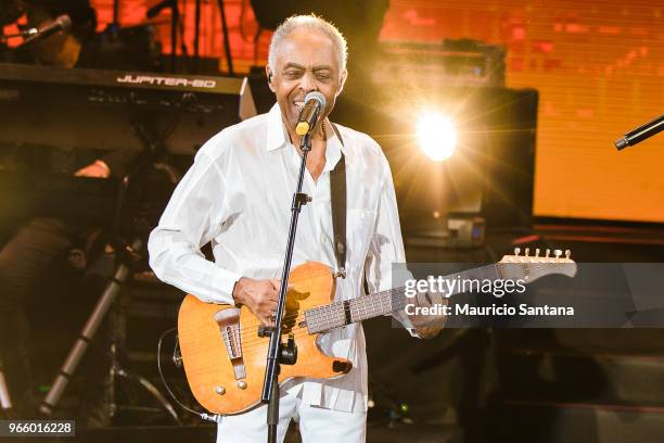 Jun 1: Gilberto Gil performs live on stage at Allianz Parque Hall on June 1, 2018 in Sao Paulo, Brazil.