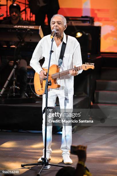 Jun 1: Gilberto Gil performs live on stage at Allianz Parque Hall on June 1, 2018 in Sao Paulo, Brazil.