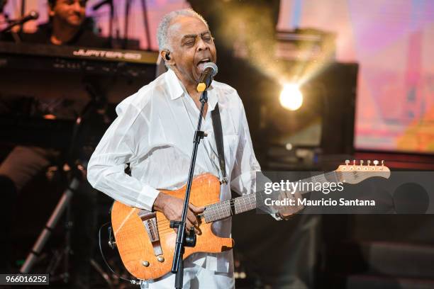 Jun 1: Gilberto Gil performs live on stage at Allianz Parque Hall on June 1, 2018 in Sao Paulo, Brazil.