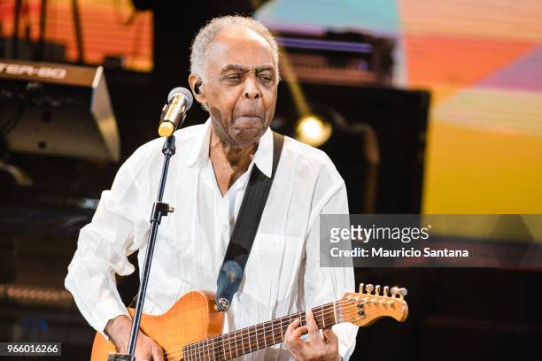 Jun 1: Gilberto Gil performs live on stage at Allianz Parque Hall on June 1, 2018 in Sao Paulo, Brazil.