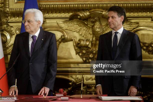 Italian President Sergio Mattarella and Premier Giuseppe Conte attend the swearing in ceremony of the new Italian government at the Quirinale...